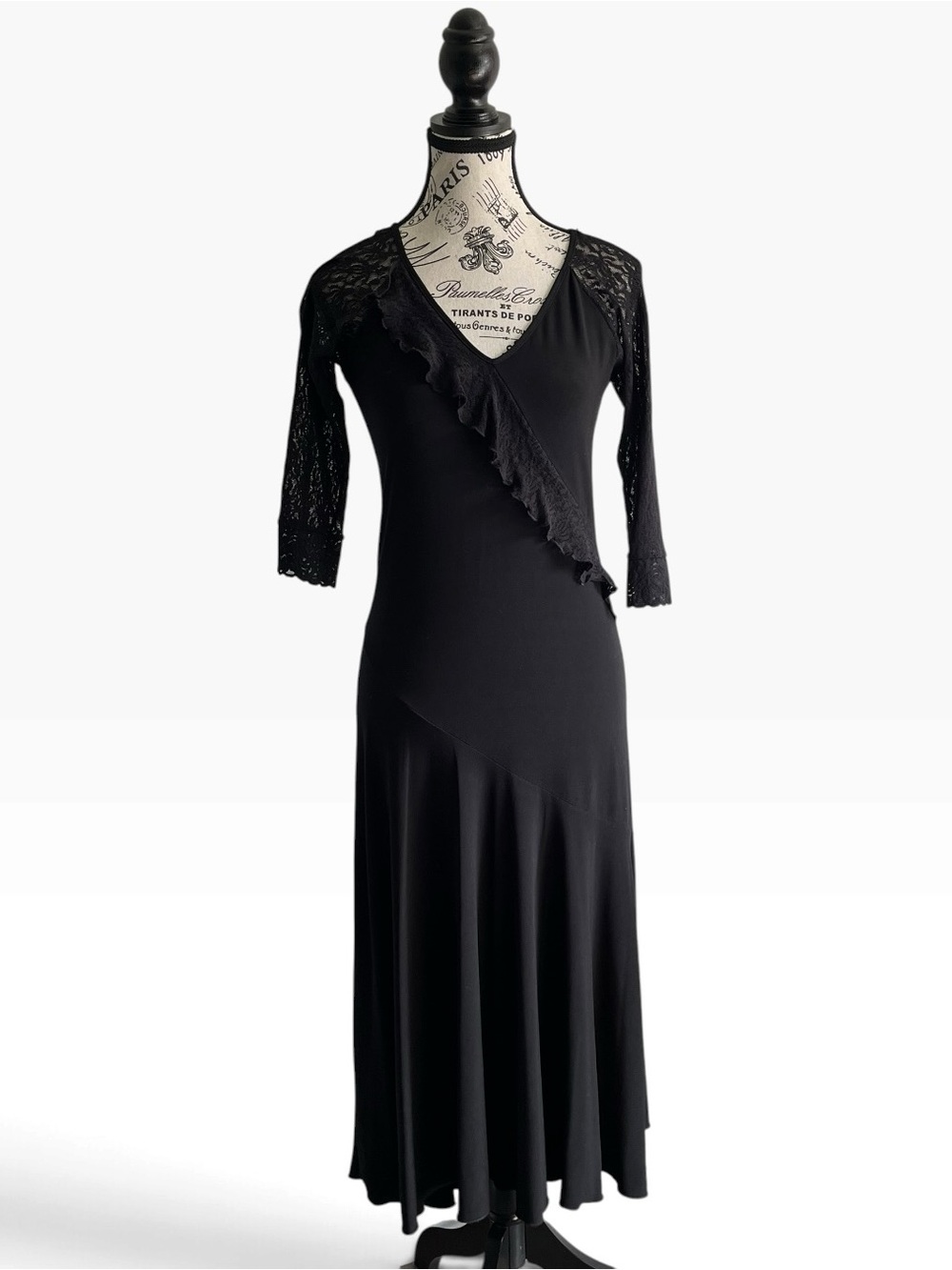 🇨🇦 Terra Nostra Vintage Black Lace Ruffle Maxi Dress Y2K 90s Soft Goth Vamp